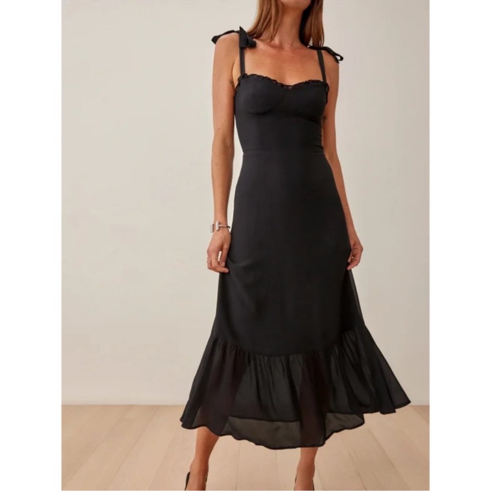 Reformation Black Midi Slip Dress with Ruffle Hem